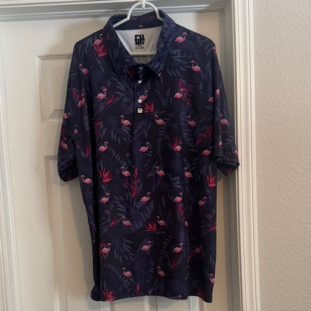 Greater Half Dark Blue Flamingo Print Polo